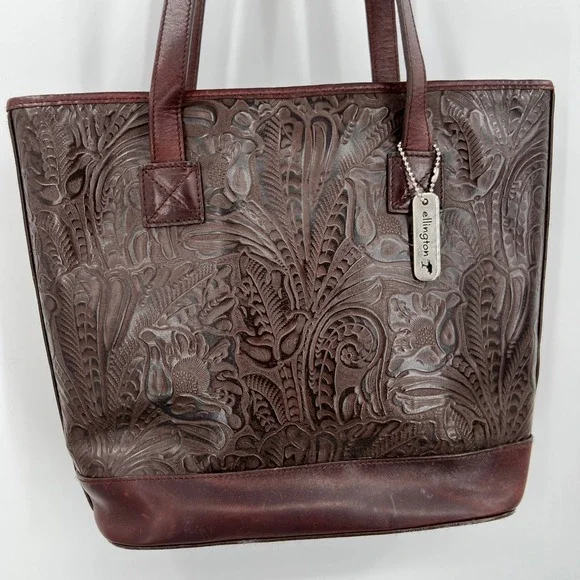 Ellington Tooled Leather Shoulder Bag Brown Floral Double Strap Western Cowgirl - Picture 1 of 8